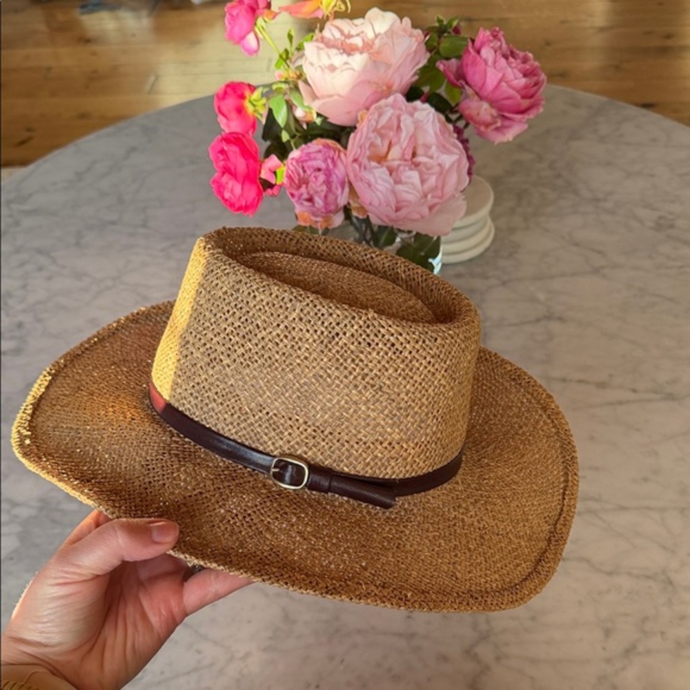 Stylish Tan Straw Hat with Brown Band